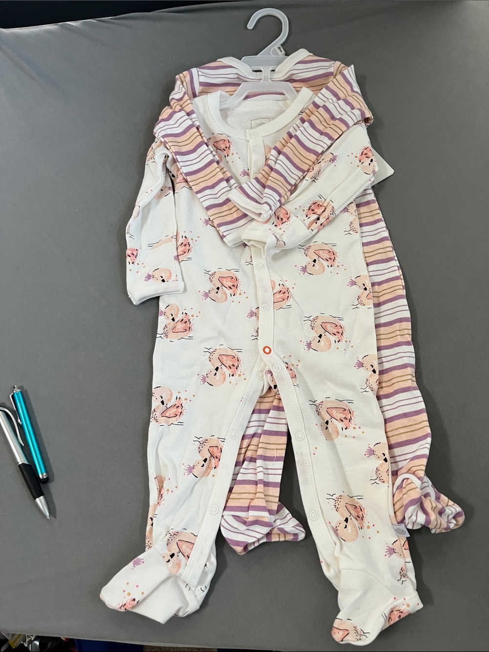 Rosie Pope Cream Footie with Pink Floral Print & Lavender Stripes